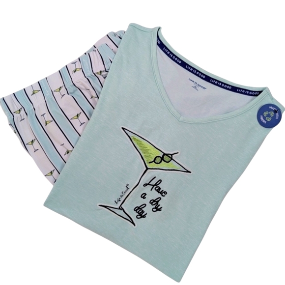 Life Is Good Martini Embroidery & Print PJ Set Short Sleeve Top Pant Teal XL NWT